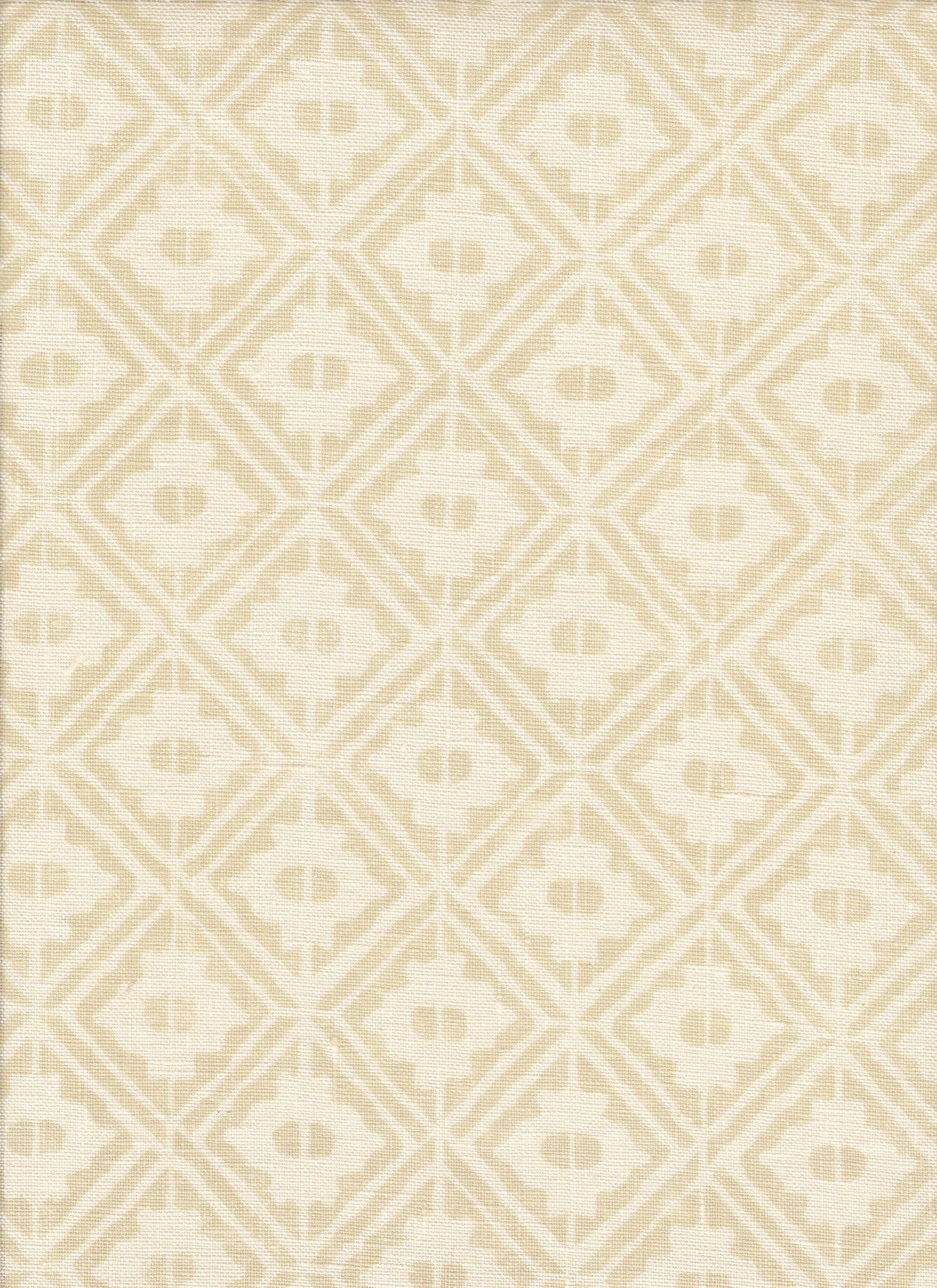 Detail of fabric in a geometric lattice grid in tan on a cream field.