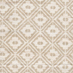 Detail of fabric in a geometric lattice grid in tan on a cream field.