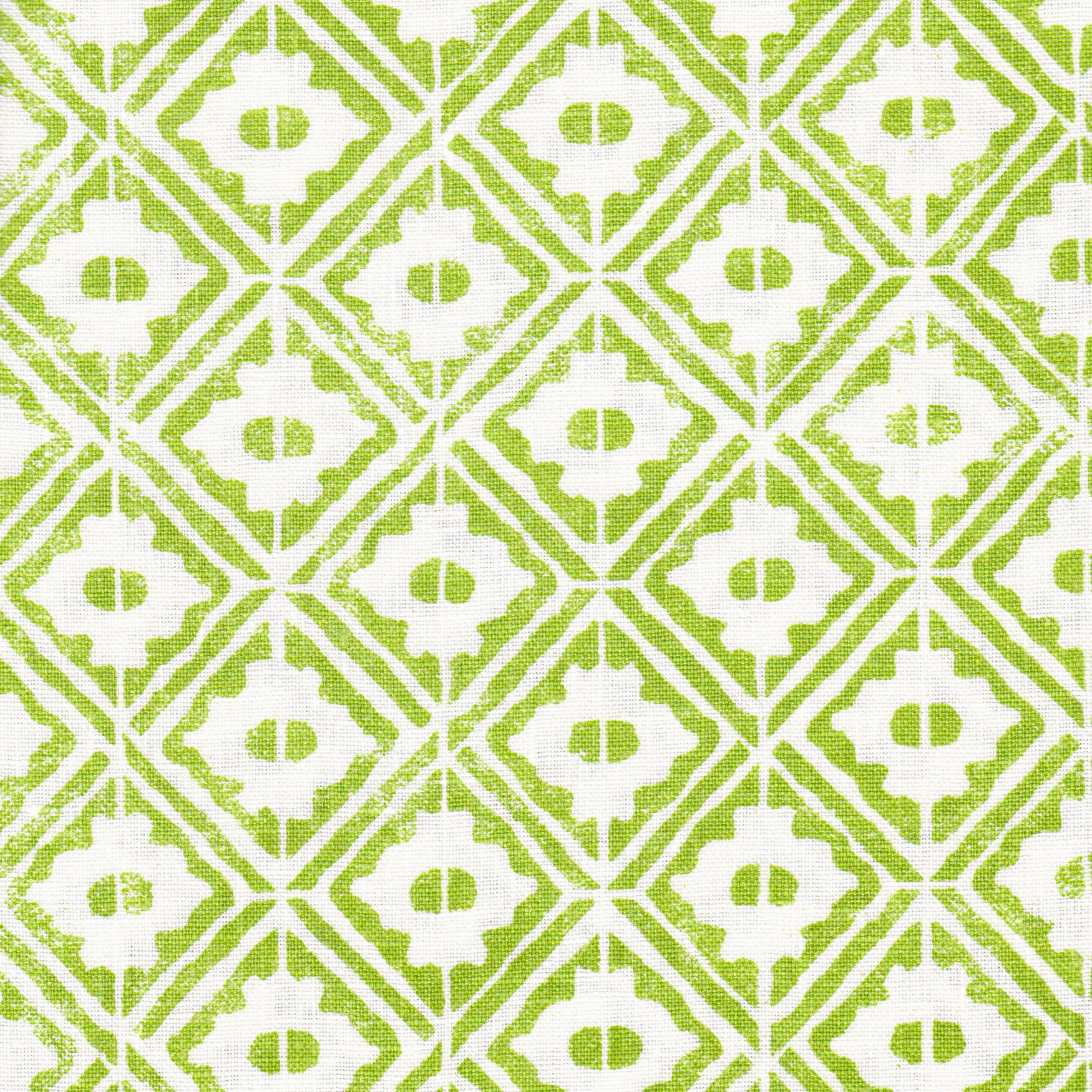 Detail of fabric in a geometric lattice grid in green on a white field.