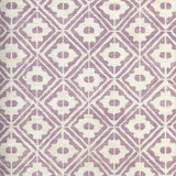 Detail of fabric in a geometric lattice grid in purple on a cream field.