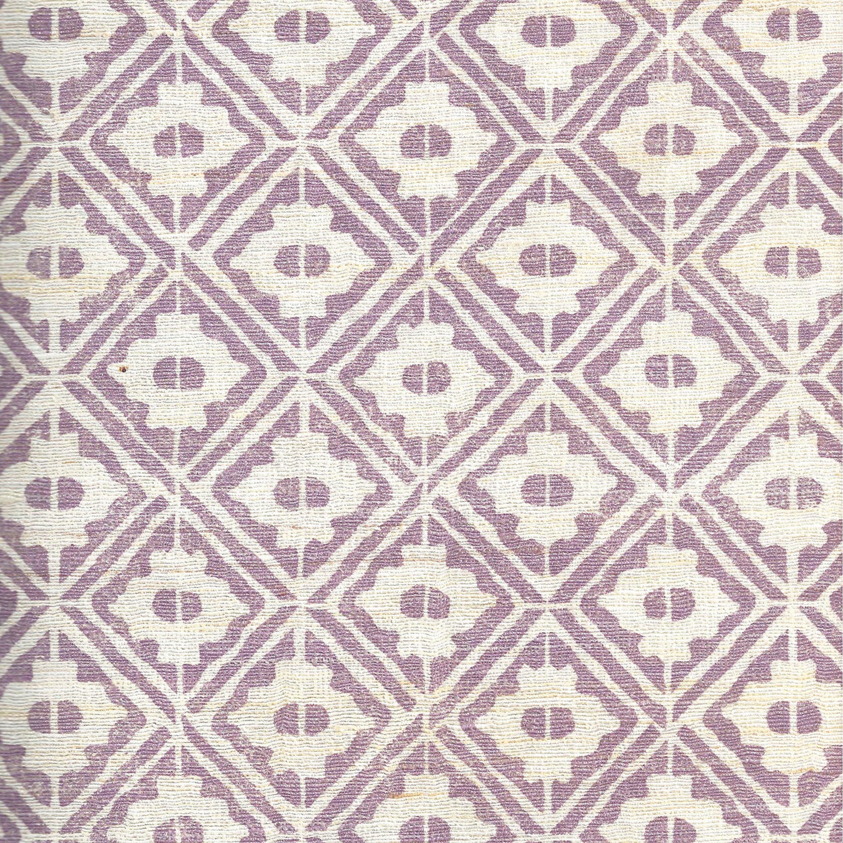 Detail of fabric in a geometric lattice grid in purple on a cream field.