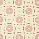 Detail of fabric in a repeating berry and leaf pattern in pink and red on a tan field.