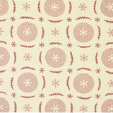 Detail of fabric in a repeating berry and leaf pattern in pink and red on a tan field.