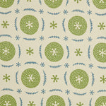 Detail of fabric in a repeating berry and leaf pattern in blue and green on a tan field.