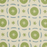 Detail of fabric in a repeating berry and leaf pattern in blue and green on a tan field.