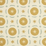 Detail of fabric in a repeating berry and leaf pattern in blue and mustard on a tan field.