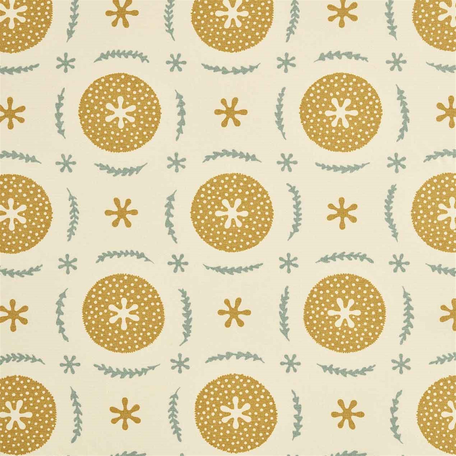 Detail of fabric in a repeating berry and leaf pattern in blue and mustard on a tan field.