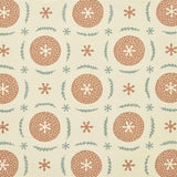 Detail of fabric in a repeating berry and leaf pattern in orange and green on a tan field.