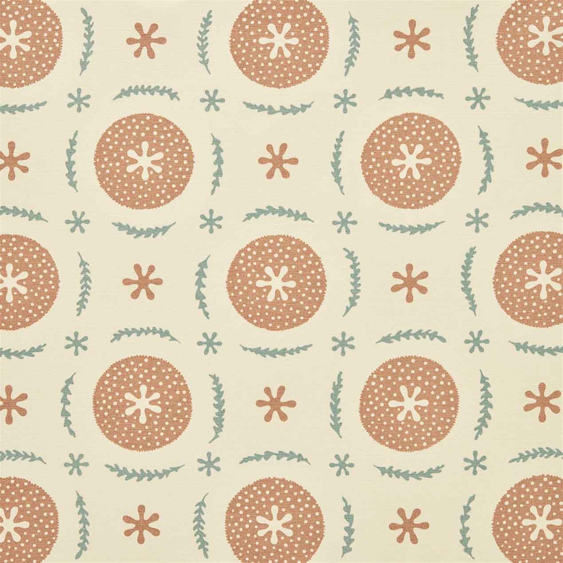 Detail of fabric in a repeating berry and leaf pattern in orange and green on a tan field.