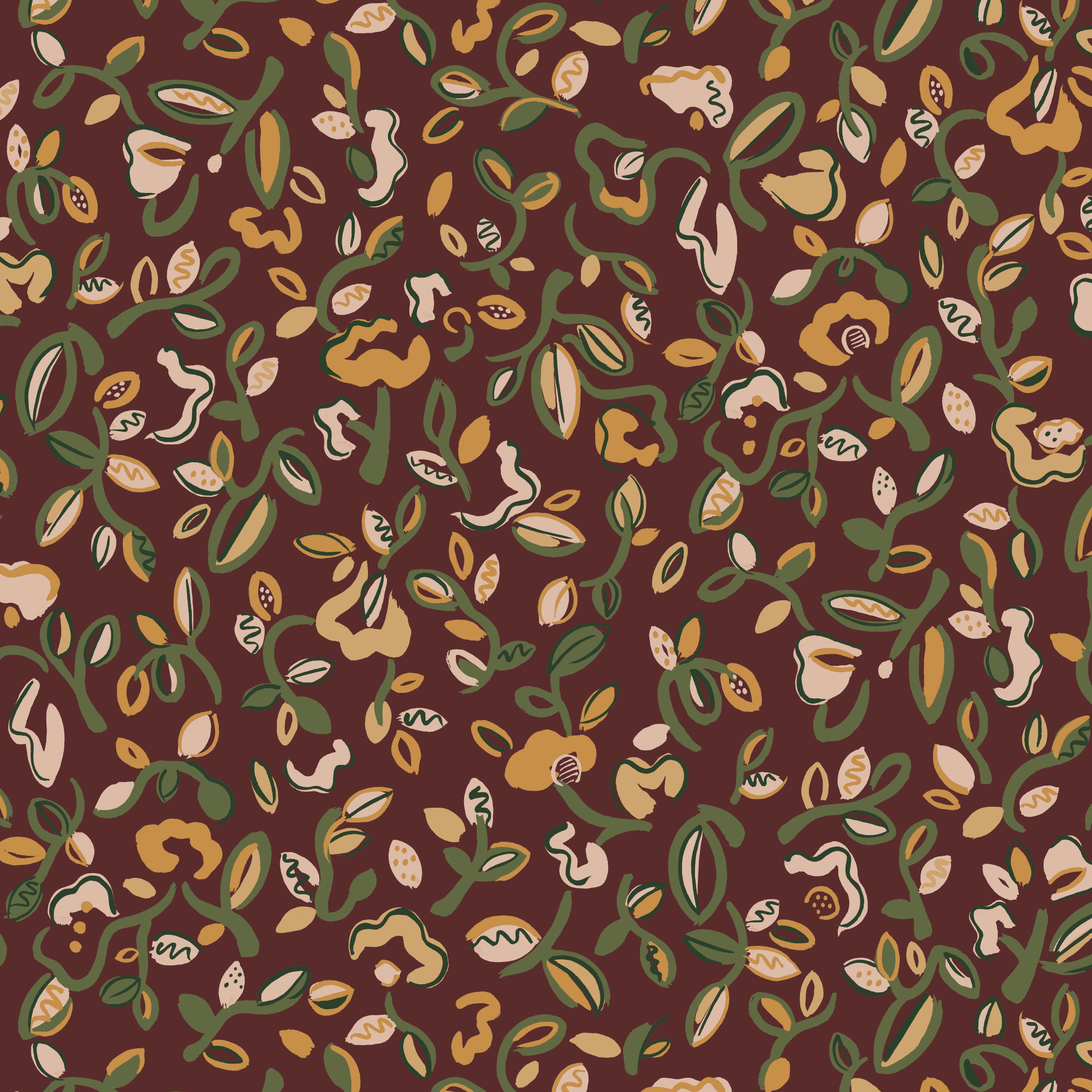 Patterned wallpaper with abstract floral design in green, yellow and pale pink on a crimson field. 