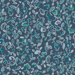 Patterned wallpaper with abstract floral design in shades of blue and turquoise on a navy field. 