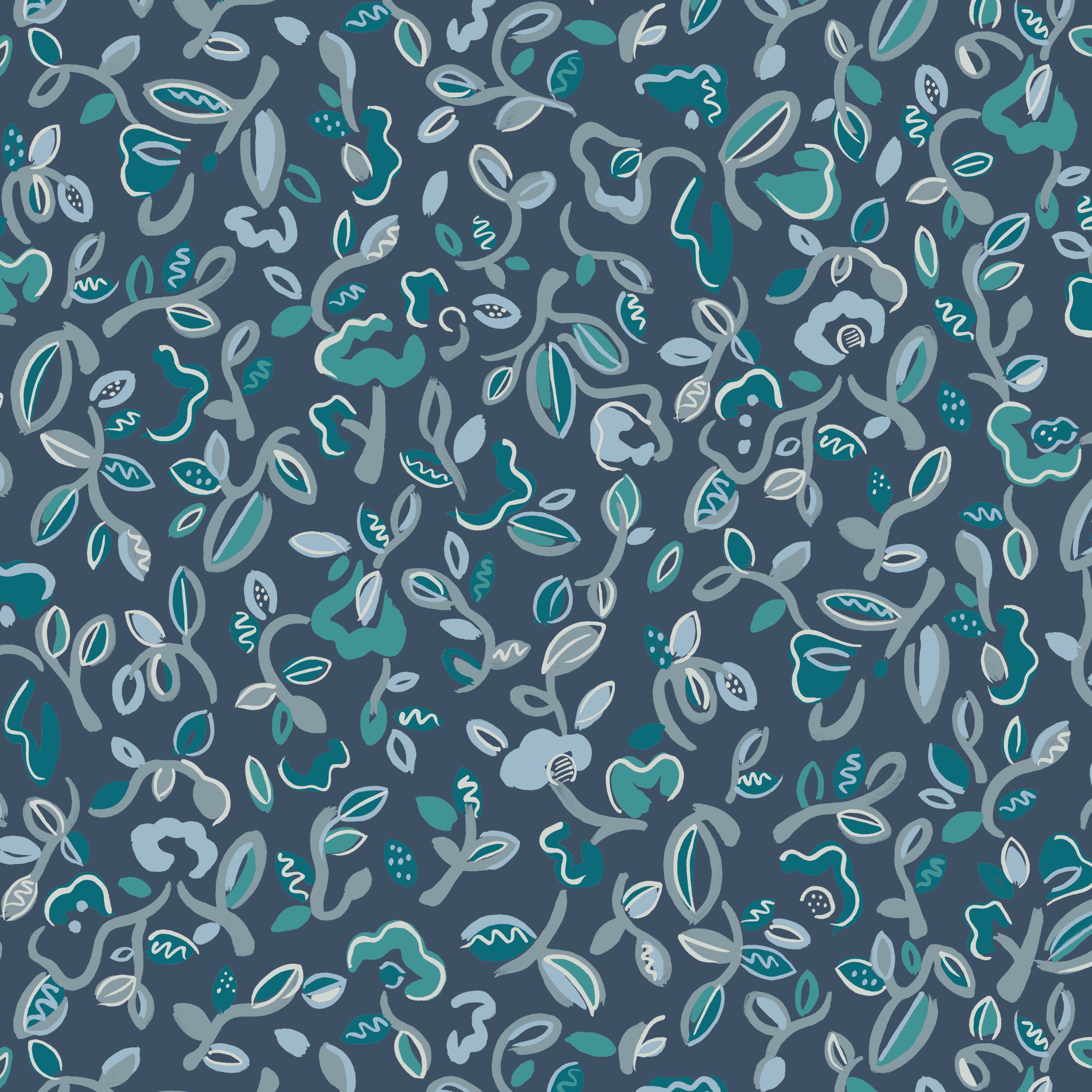 Patterned wallpaper with abstract floral design in shades of blue and turquoise on a navy field. 