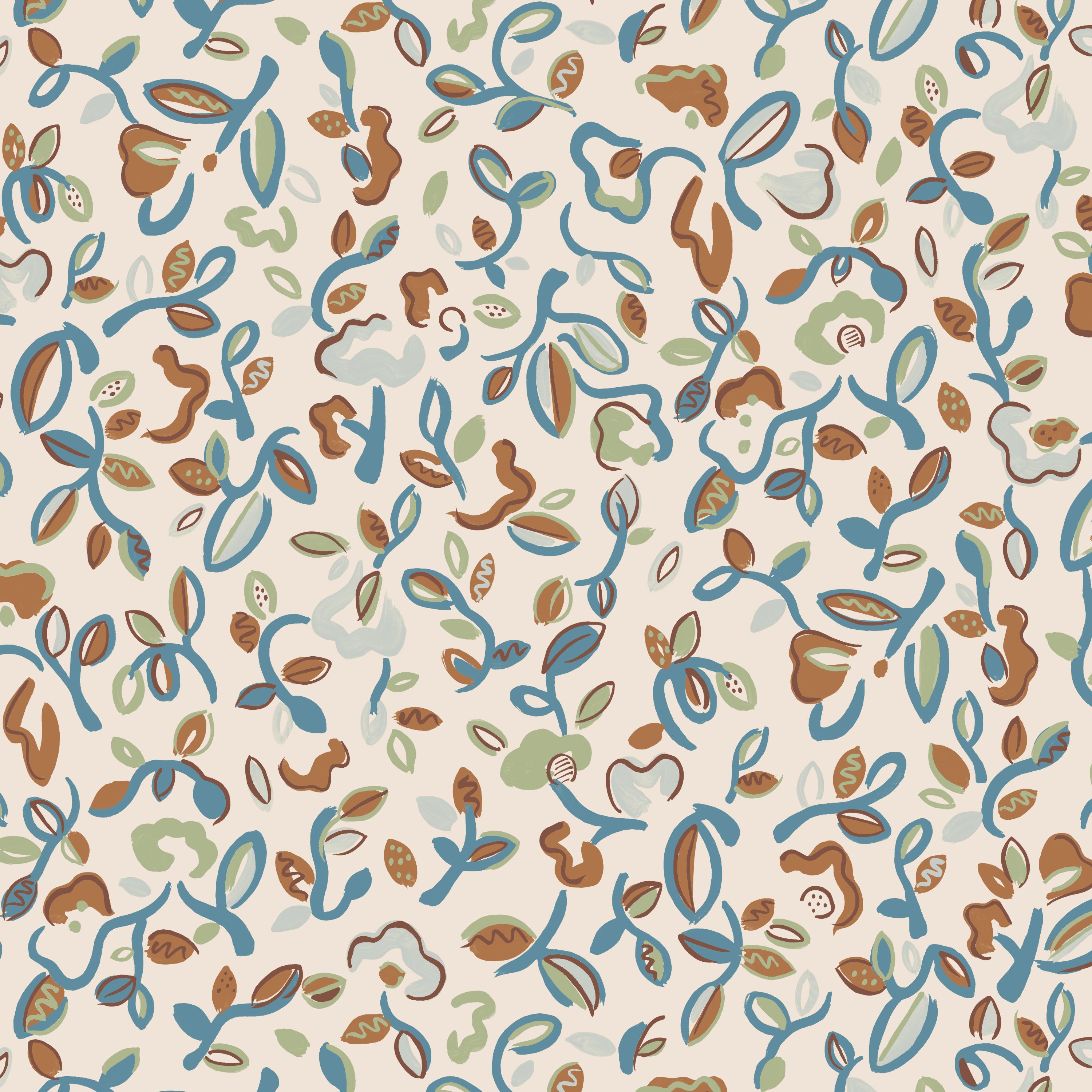 Patterned wallpaper with abstract floral design in sage green, turquoise and orange on a cream field. 