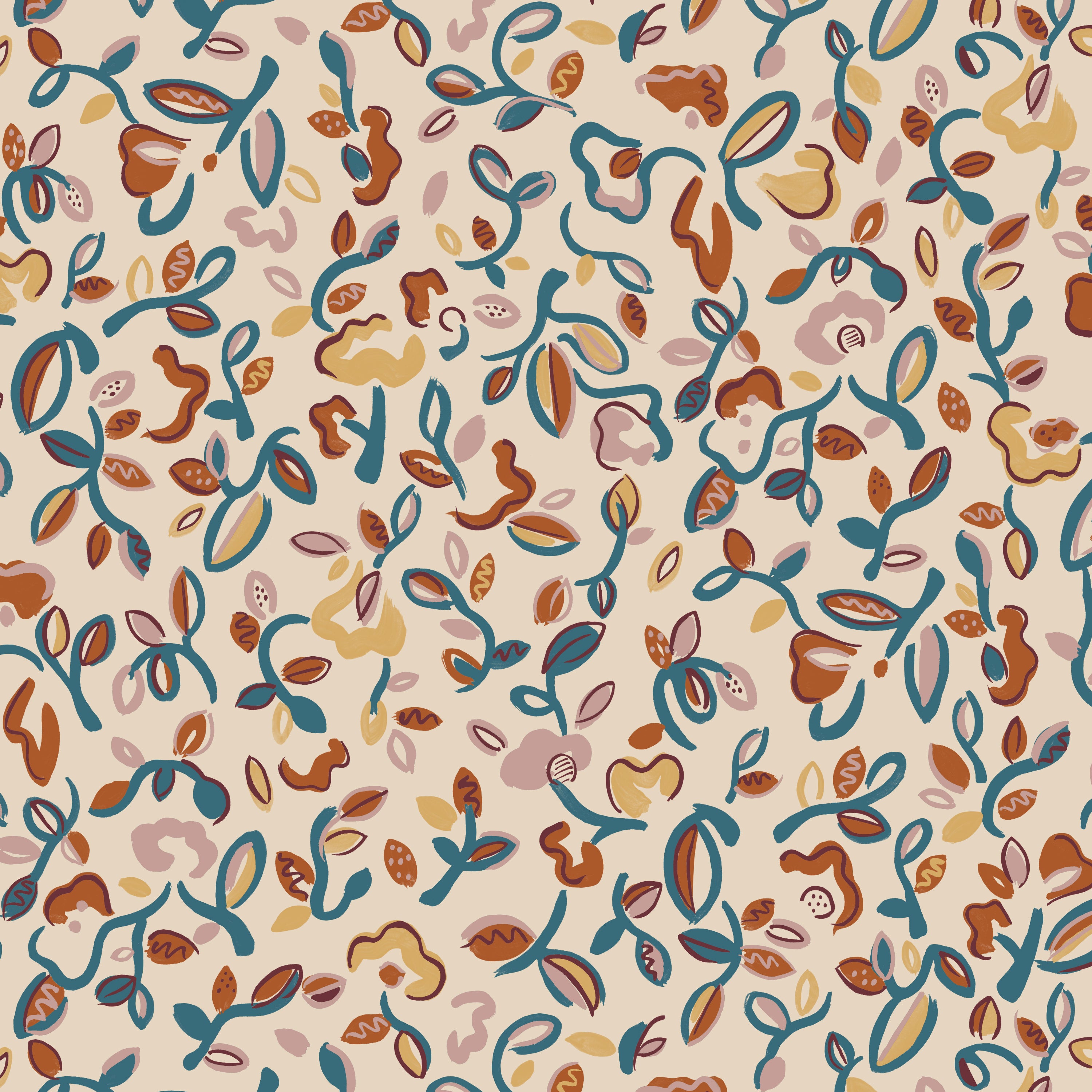 Patterned wallpaper with abstract floral design in teal, pink and orange on a cream field.