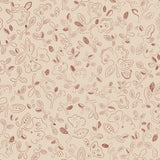 Patterned wallpaper with handsketched floral design in rust red on a beige field. 