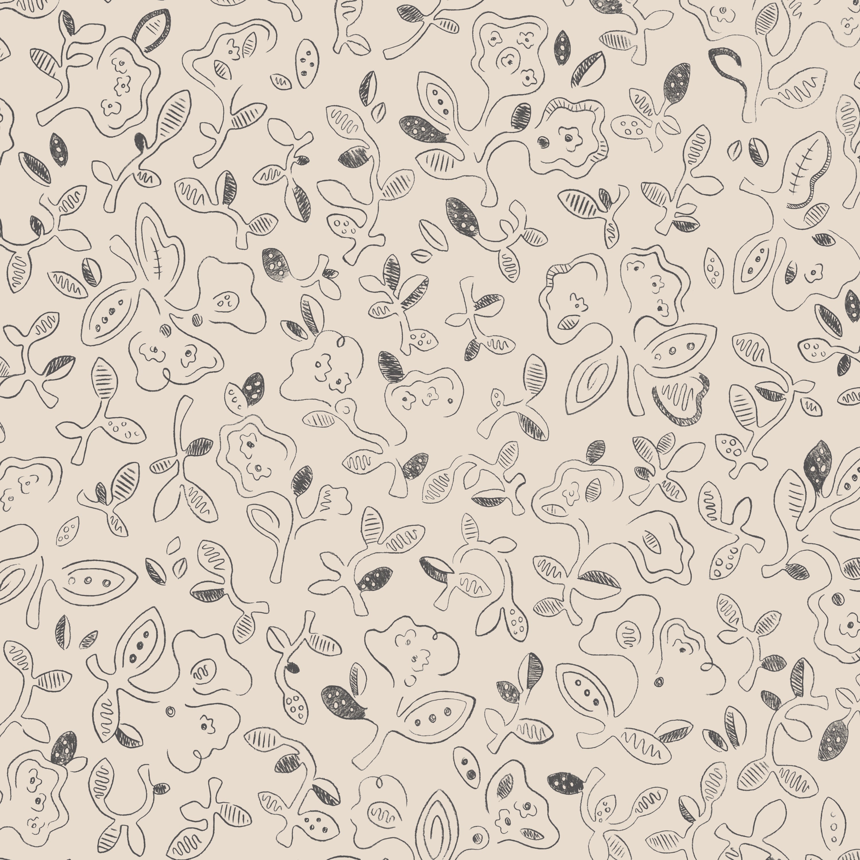 Patterned wallpaper with handsketched floral design in grey on cream