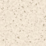Patterned wallpaper with handsketched floral design in taupe on a beige field.