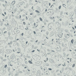 Patterned wallpaper with handsketched floral design in navy on light blue.
