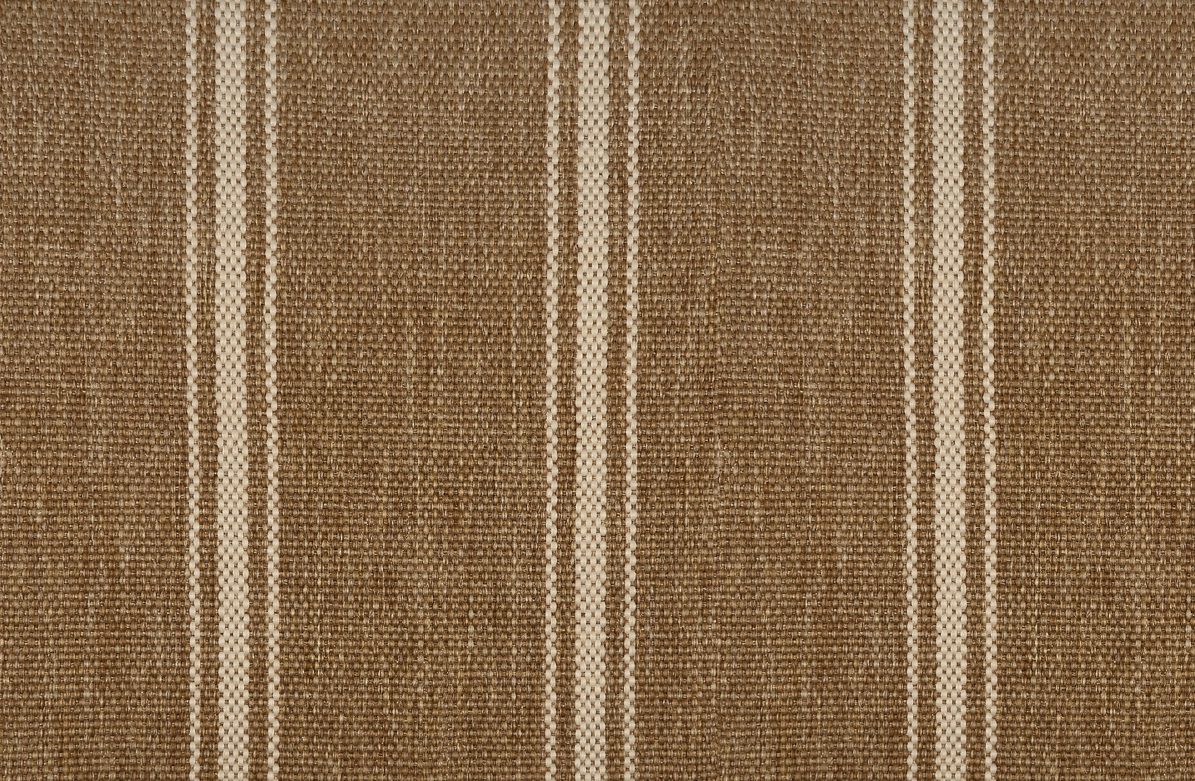 Outdoor broadloom carpet in a wide stripe in brown and creme. 