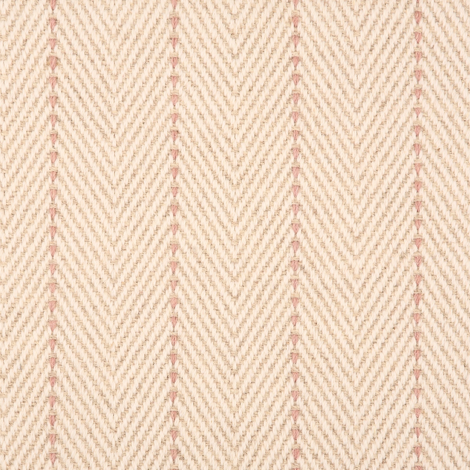 Broadloom carpet in a herringbone pattern in pastel pink with a pink stripe accent.