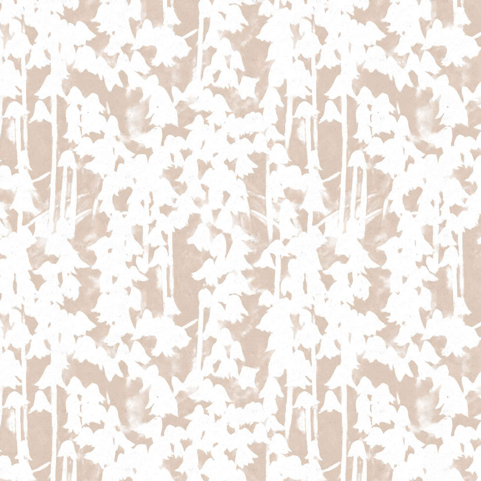 Detail of fabric in a painterly bluebell pattern in white on a mottled blush field.