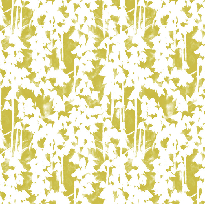 Detail of fabric in a painterly bluebell pattern in white on a mottled mustard field.