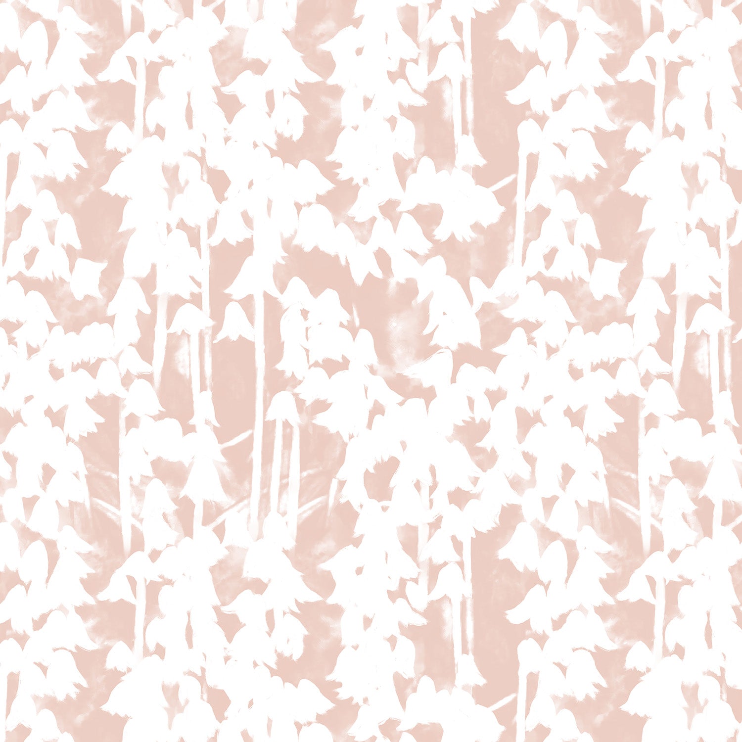 Detail of wallpaper in a painterly bluebell pattern in white on a mottled light pink field.