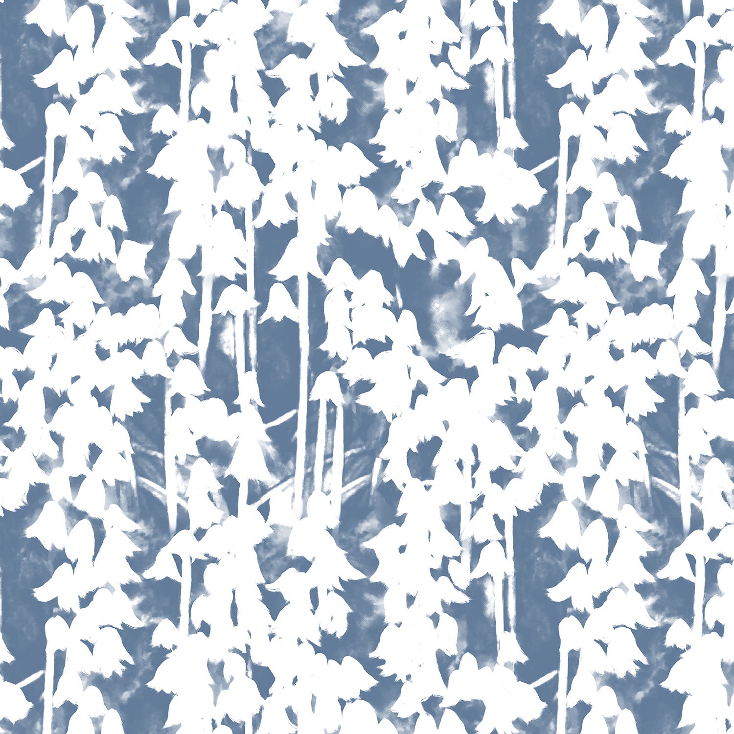 Detail of wallpaper in a painterly bluebell pattern in white on a mottled blue field.