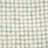 Detail of fabric in a circular floral print in light pink and white on a mottled turquoise field.