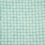 Detail of fabric in a circular floral print in turquoise and white on a blue field.