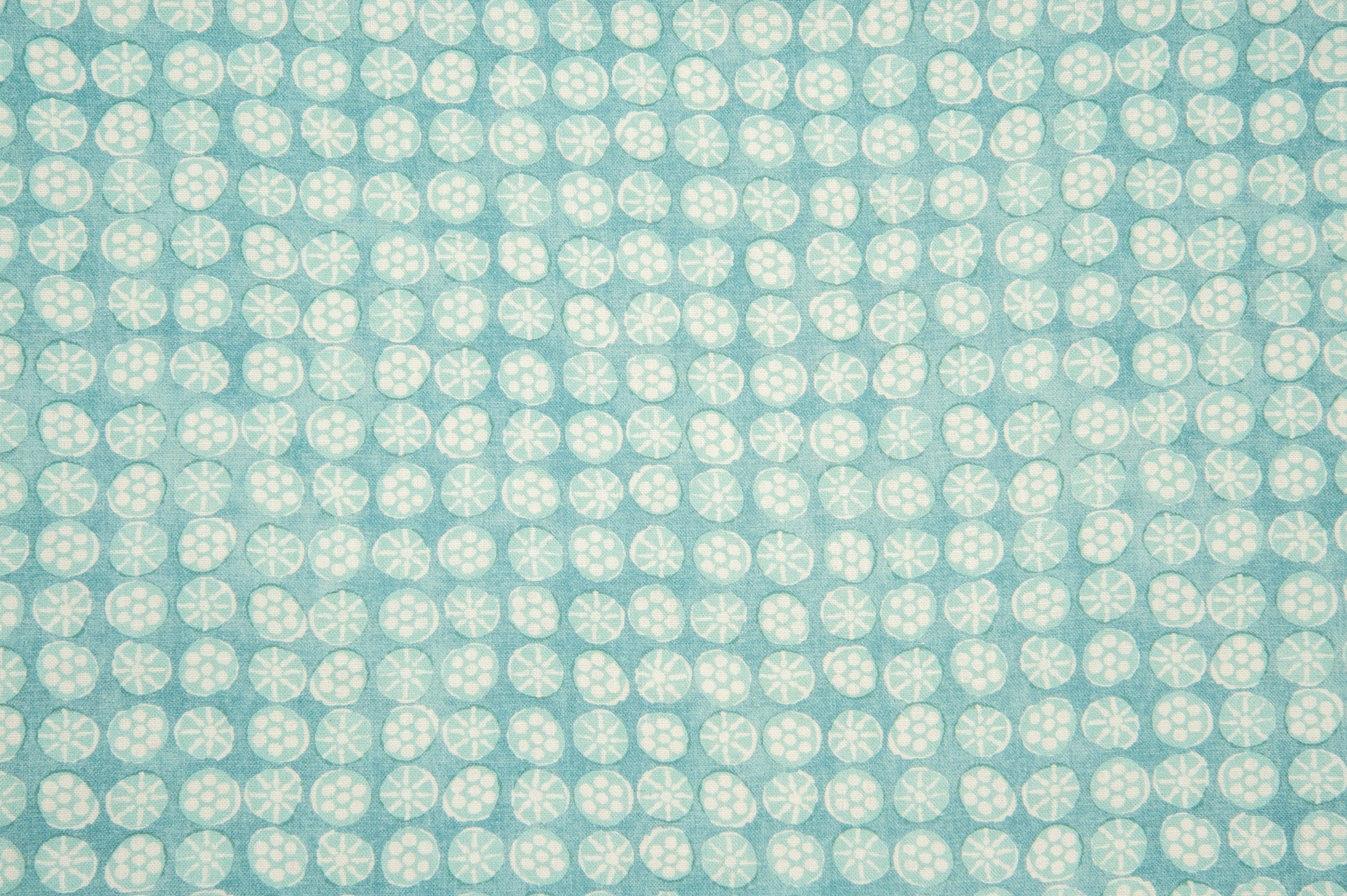 Detail of fabric in a circular floral print in turquoise and white on a blue field.