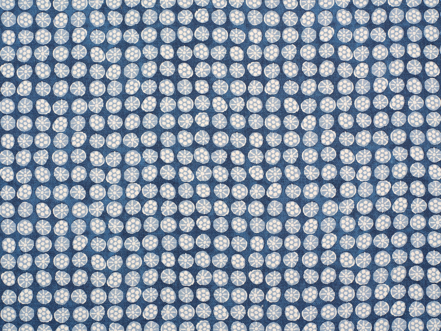 Detail of fabric in a circular floral print in light blue and white on a mottled blue field.
