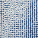 Detail of fabric in a circular floral print in light blue and white on a mottled blue field.