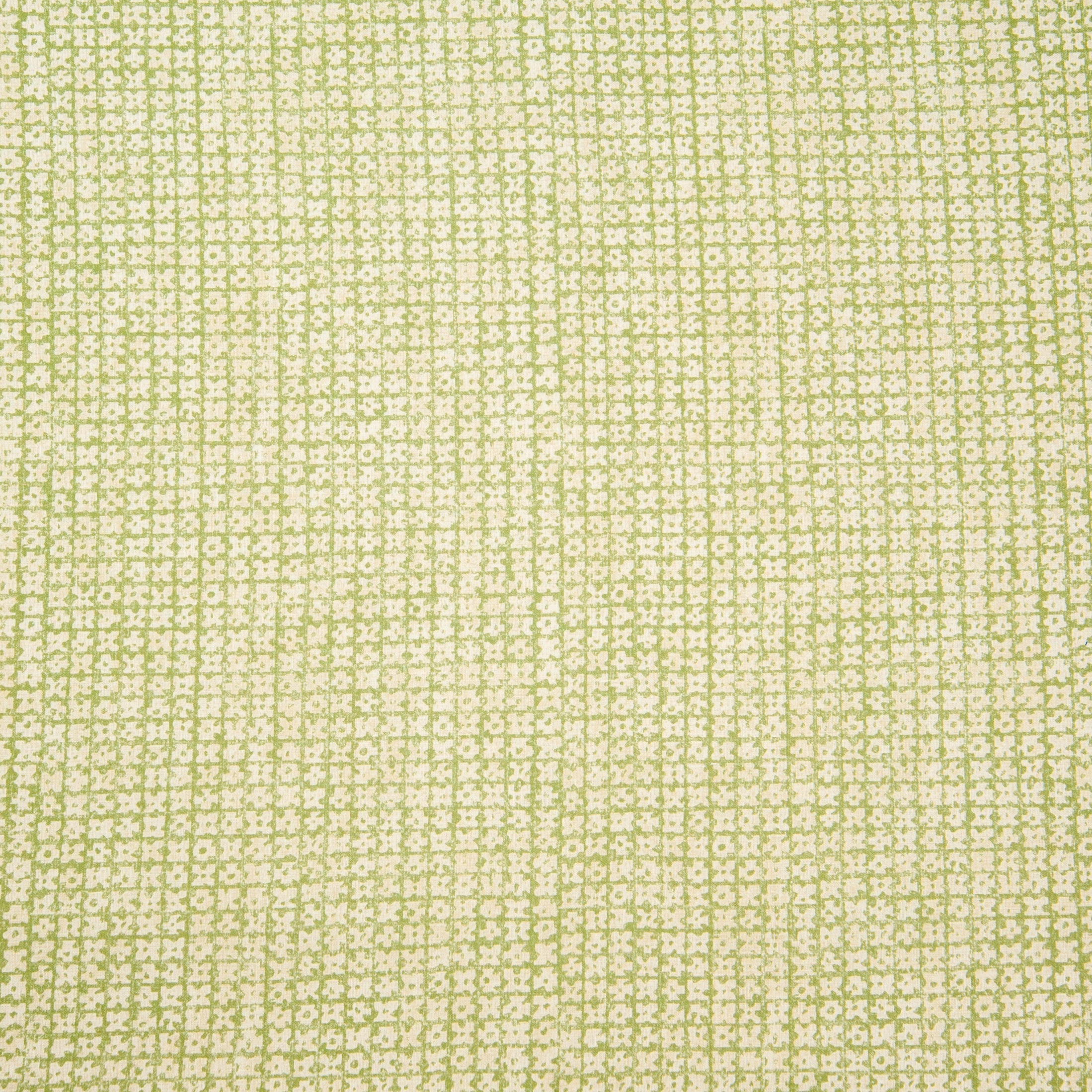 Detail of fabric in a textural basketweave print in green on a cream field.