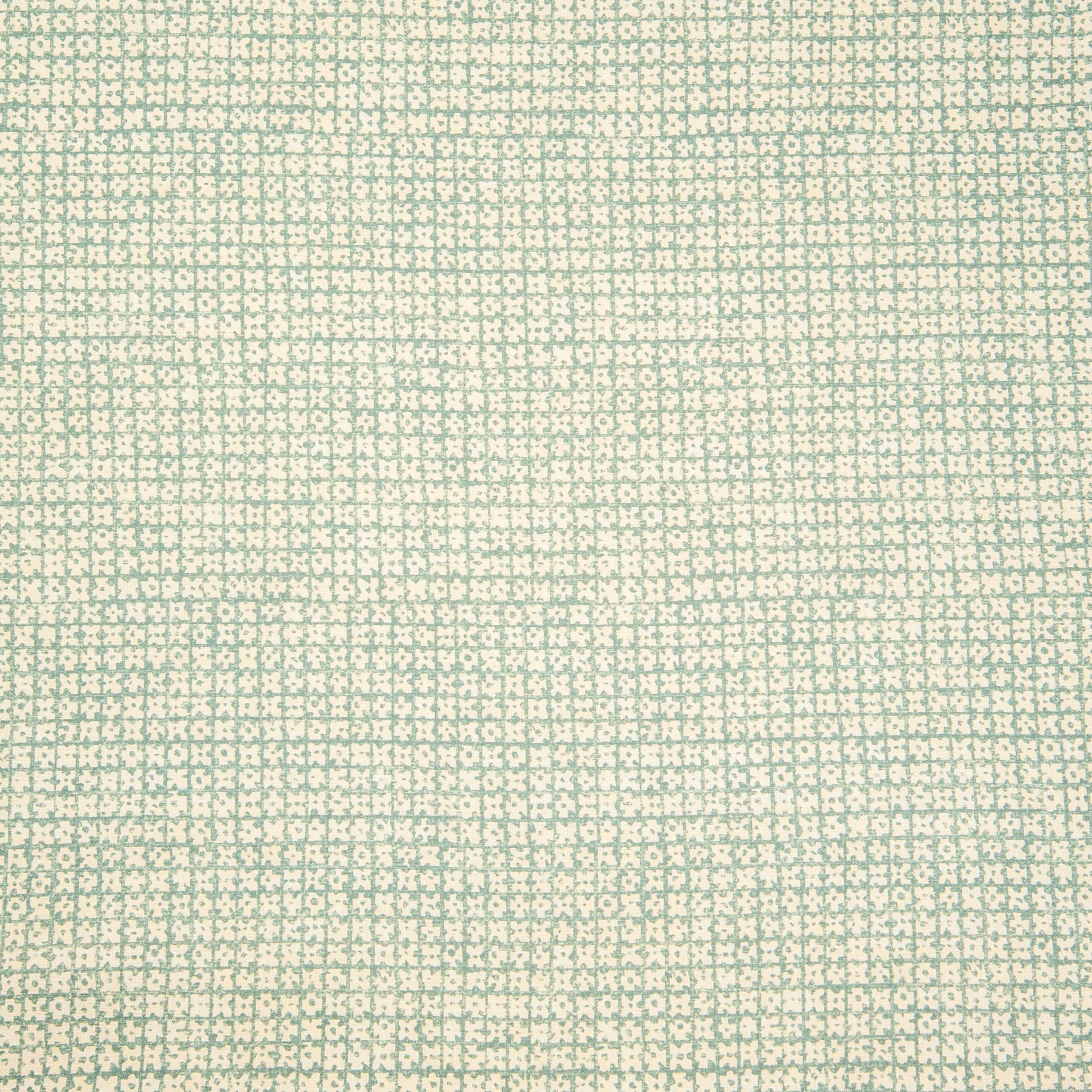 Detail of fabric in a textural basketweave print in teal on a cream field.