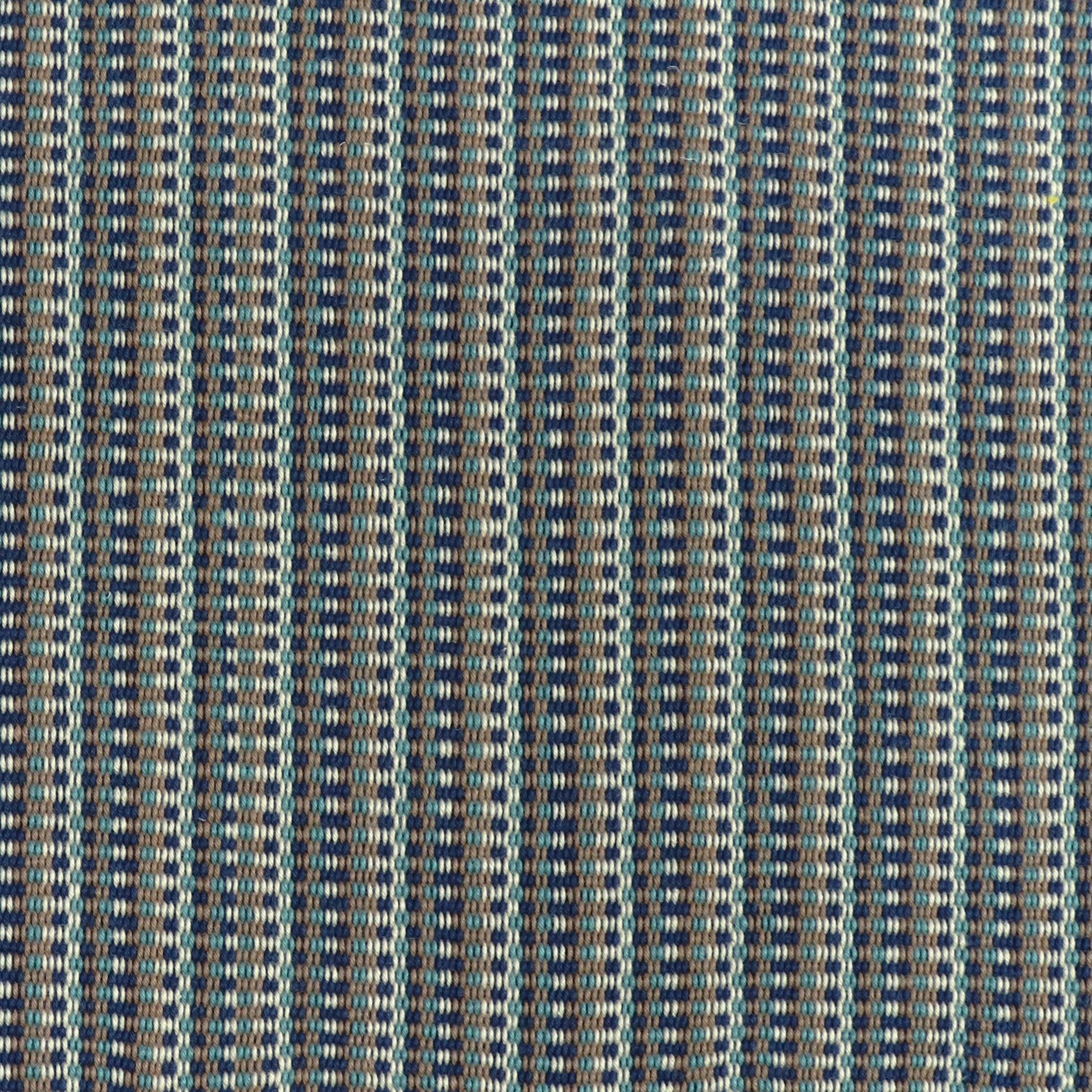 Detail of a hand-woven cotton fabric in an intricate grid pattern in shades of navy, brown, teal and white.