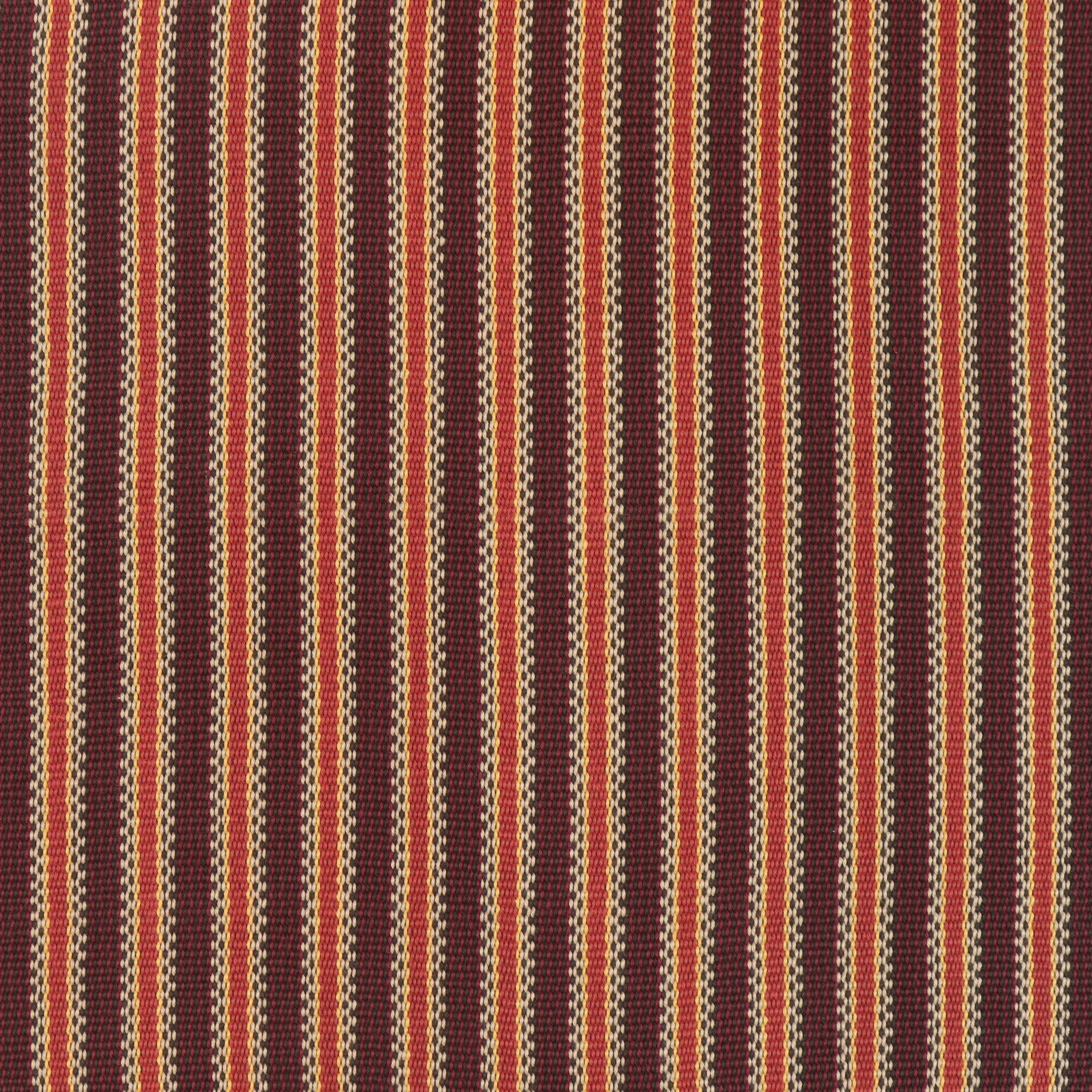 Detail of a hand-woven cotton striped fabric in shades of red, brown and yellow.