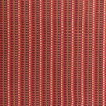 Detail of a hand-woven cotton fabric in an intricate stripe pattern in shades of red, maroon, navy and tan.
