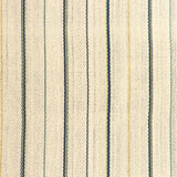 Detail of a hand-woven cotton fabric in an irregular stripe pattern in blue, yellow and green on a cream field.