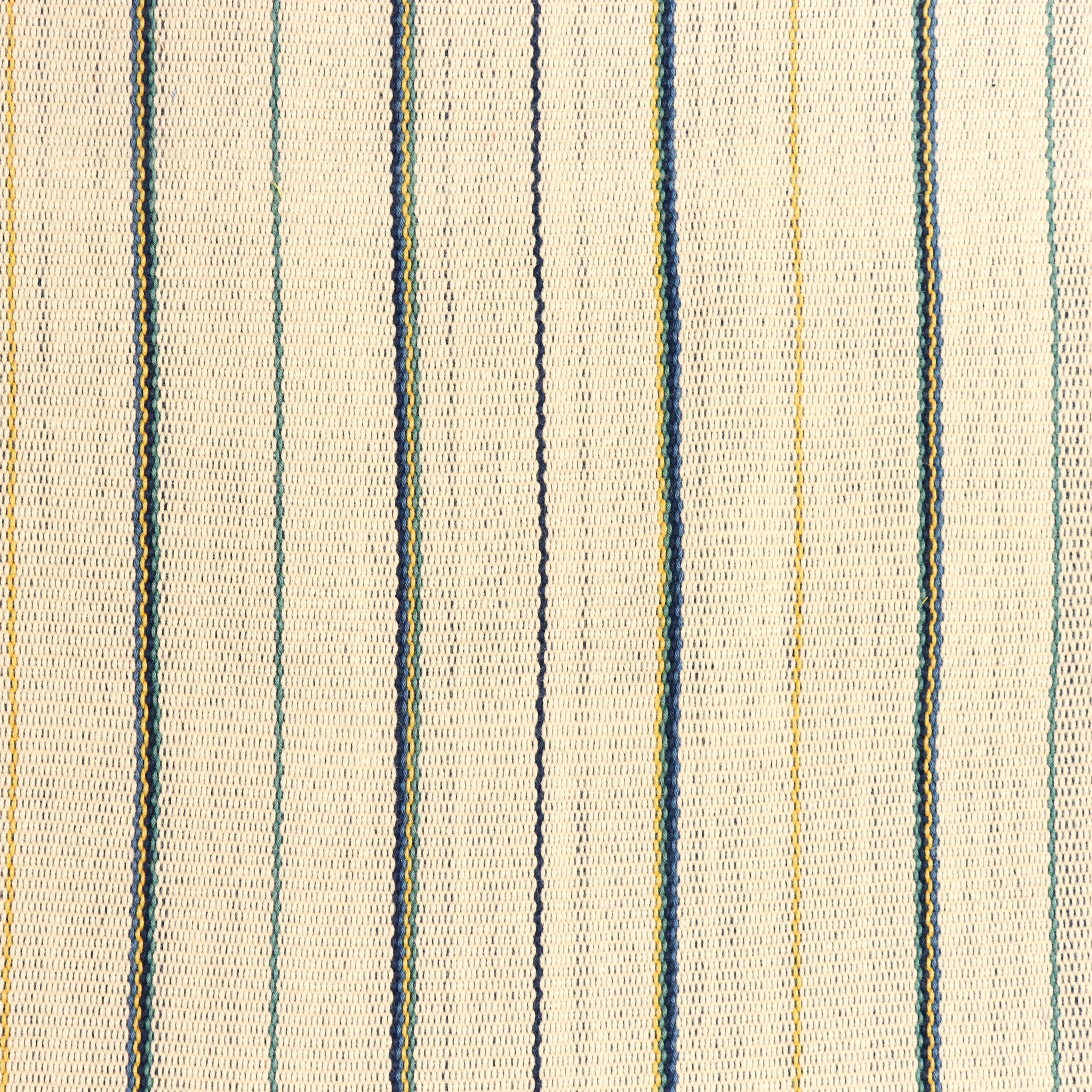 Detail of a hand-woven cotton fabric in an irregular stripe pattern in blue, yellow and green on a cream field.