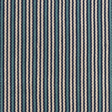 Detail of a hand-woven cotton fabric in a stripe pattern in shades of teal, navy and cream.