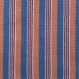 Detail of a hand-woven cotton fabric in a stripe pattern in shades of blue, pink, yellow and teal.