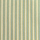 Detail of a hand-woven cotton fabric in an intricate gridded stripe pattern in shades of white, yellow and sage.
