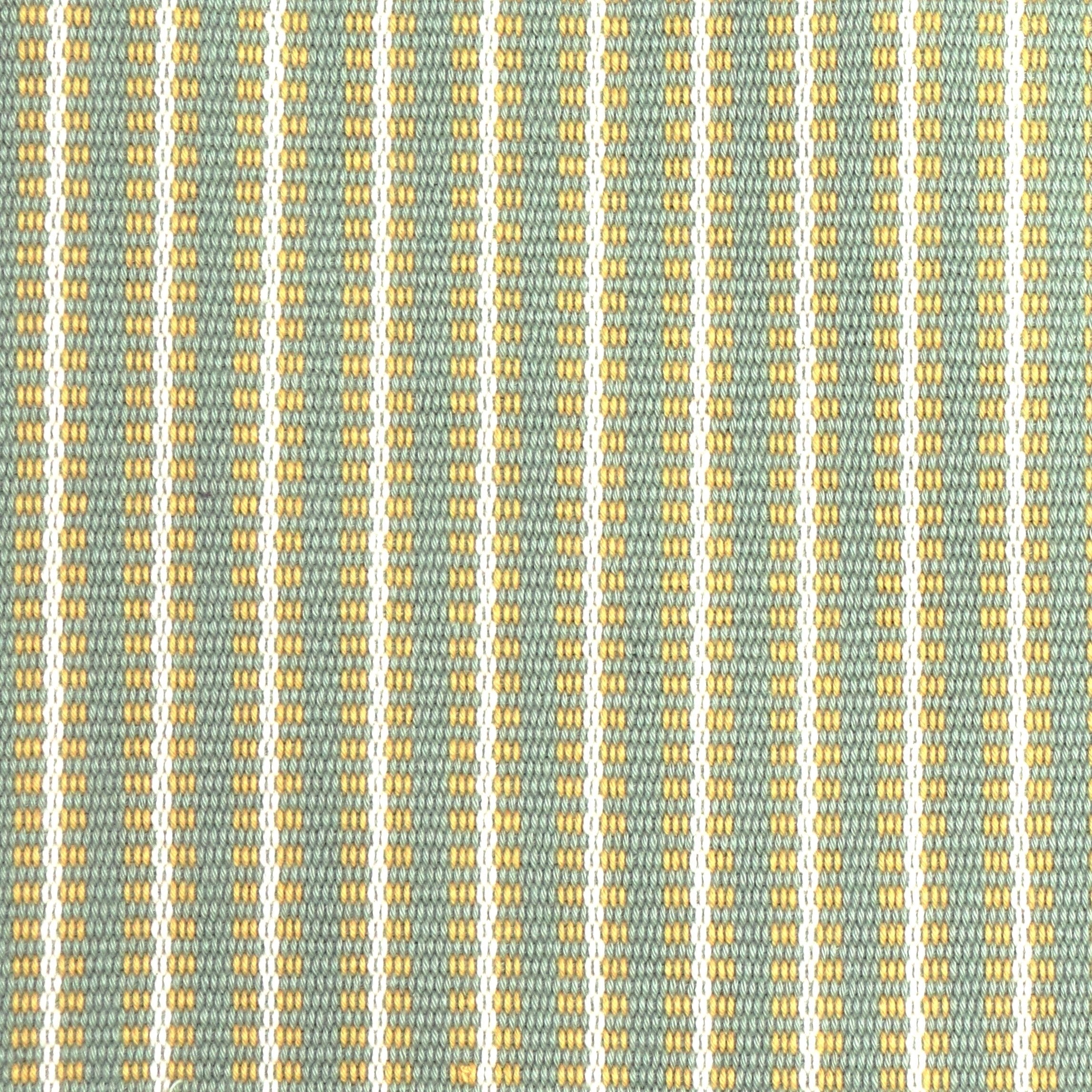 Detail of a hand-woven cotton fabric in an intricate gridded stripe pattern in shades of white, yellow and sage.