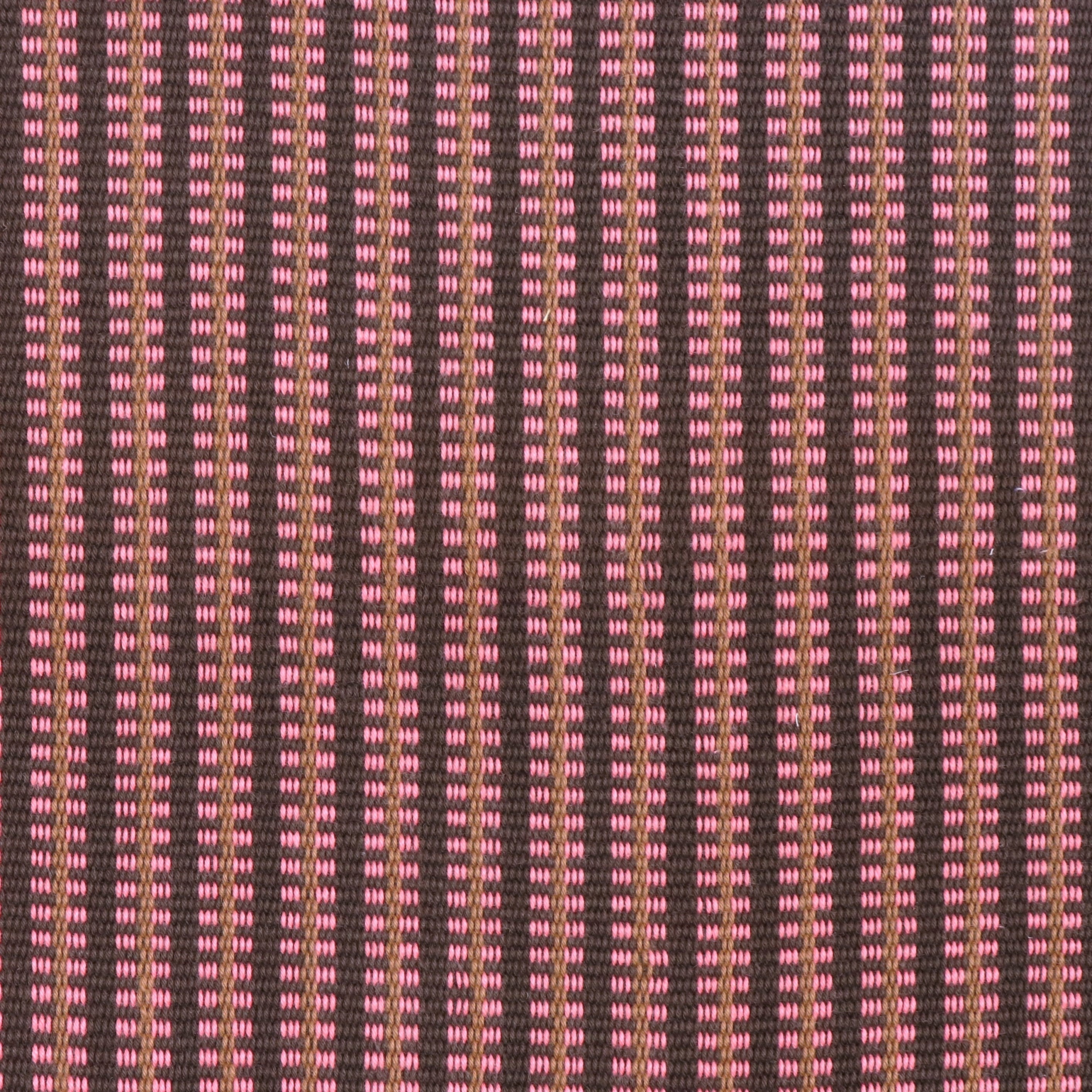 Detail of a hand-woven cotton fabric in an intricate stripe pattern in shades of brown, tan and pink.