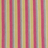 Detail of a hand-woven cotton fabric in a stripe pattern in shades of pink, yellow, red and brown.