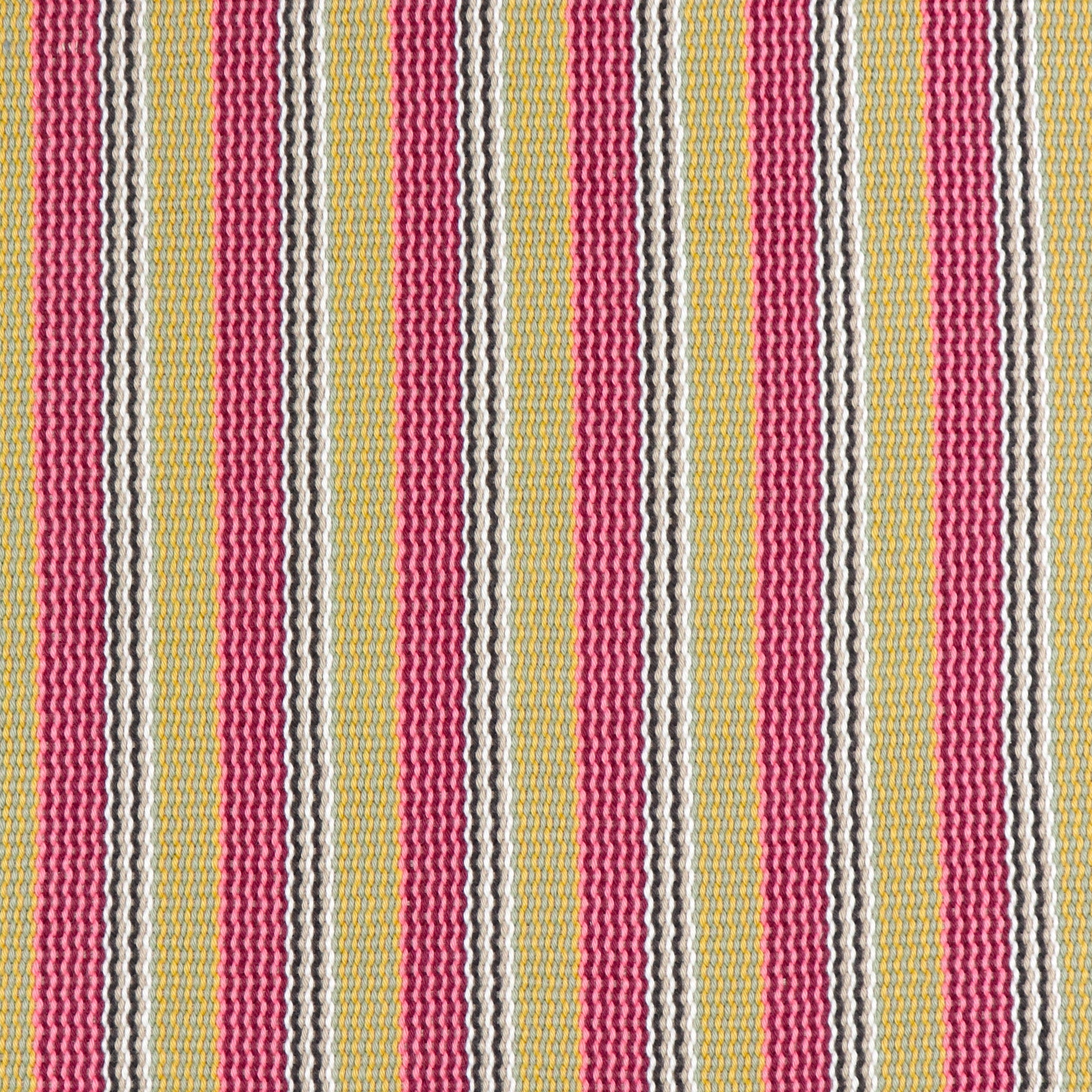 Detail of a hand-woven cotton fabric in a stripe pattern in shades of pink, yellow, red and brown.