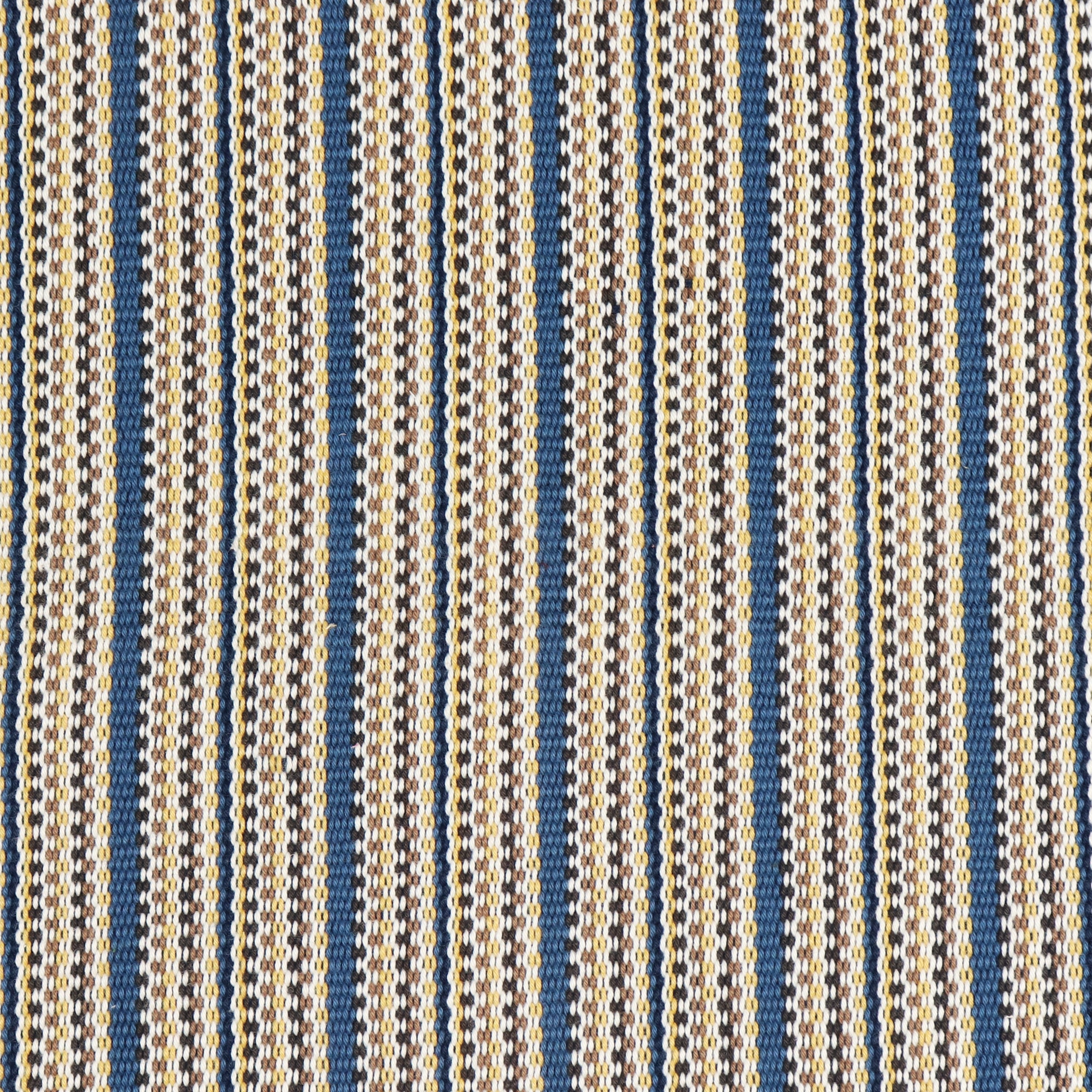 Detail of a hand-woven cotton fabric in an intricate gridded stripe pattern in shades of blue, brown, yellow and white.