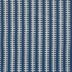 Detail of a hand-woven cotton fabric in an intricate gridded stripe pattern in shades of cream, blue and navy.
