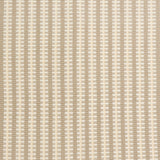 Detail of a hand-woven cotton fabric in an intricate gridded stripe pattern in shades of cream, tan and white.